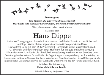 Traueranzeige von Hans Dippe von WVG - Wochenspiegel Quedlinburg