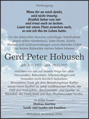 Traueranzeige von Gerd Peter Hobusch von WVG - Wochenspiegel Dessau / Köthen