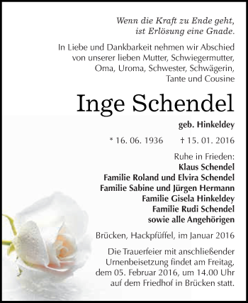 Traueranzeige von Inge Schendel von Super Sonntag SGH Mansf. Land