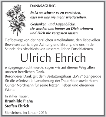 Traueranzeige von Ulrich Ehrich von Wochenspiegel Mansfelder Land