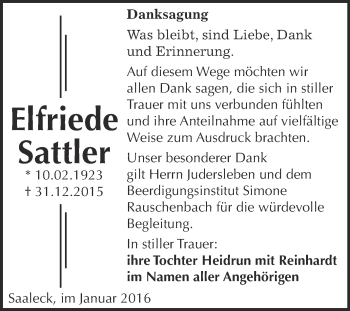 Traueranzeige von Elfriede Sattler von WVG - Wochenspiegel NMB / WSF / ZTZ
