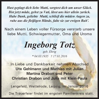 Traueranzeige von Ingeborg Totz von Super Sonntag SGH Mansf. Land