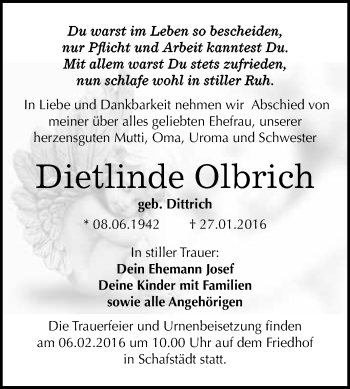 Traueranzeige von Dietlinde Olbrich von WVG - Wochenspiegel Merseburg
