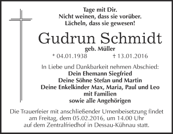 Traueranzeige von Gudrun Schmidt von WVG - Wochenspiegel Dessau / Köthen