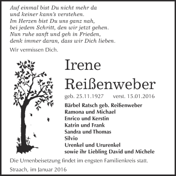 Traueranzeige von Irene Reißenweber von Super Sonntag Wittenberg