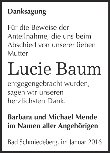 Traueranzeige von Lucie Baum von WVG - Wochenspiegel Wittenberg