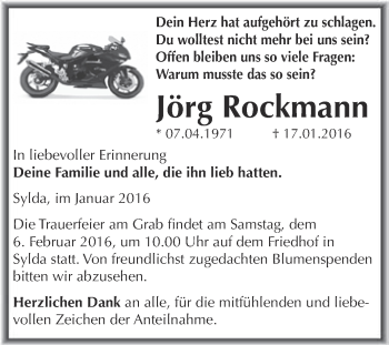 Traueranzeige von Jörg Rockmann von Super Sonntag SGH Mansf. Land
