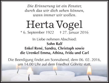 Traueranzeige von Herta Vogel von Mitteldeutsche Zeitung Merseburg/Querfurt