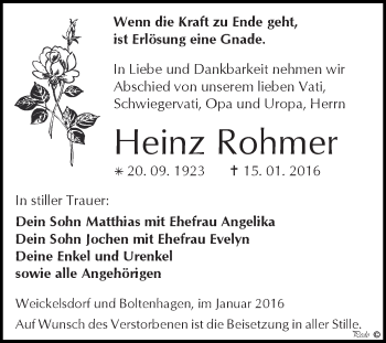 Traueranzeige von Heinz Rohmer von Super Sonntag Zeitz