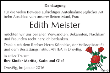 Traueranzeige von Edith Meister von Super Sonntag Zeitz