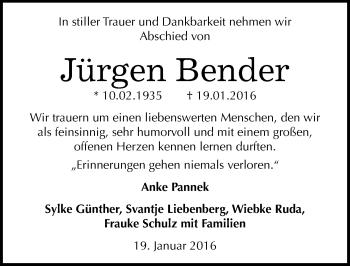 Traueranzeige von Jürgen Bender von Mitteldeutsche Zeitung Weißenfels