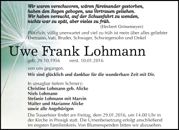 Traueranzeige von Uwe Frank Lohmann von WVG - Wochenspiegel Dessau / Köthen