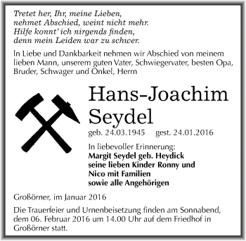 Traueranzeige von Hans-Joachim Seydel von Mitteldeutsche Zeitung Mansfelder Land