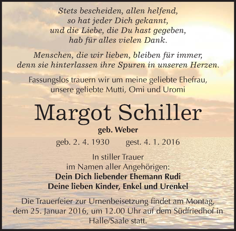  Traueranzeige für Margot Schiller vom 20.01.2016 aus Mitteldeutsche Zeitung Halle/Saalkreis