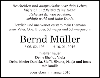 Traueranzeige von Bernd Müller von Super Sonntag SGH Mansf. Land