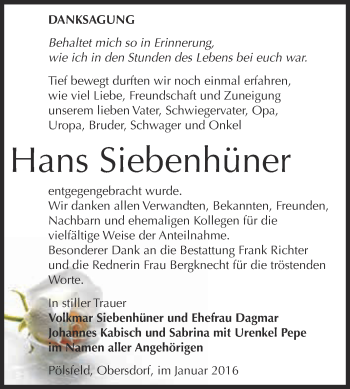 Traueranzeige von Hans Siebenhüner von Super Sonntag SGH Mansf. Land