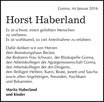Traueranzeige von Horst Haberland von Mitteldeutsche Zeitung Sangerhausen