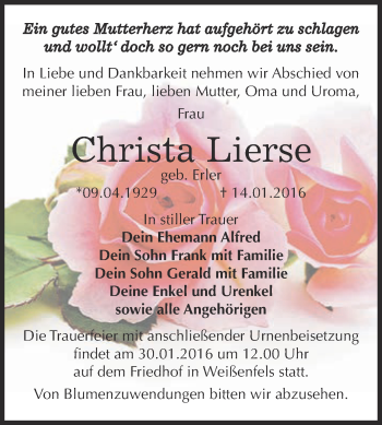 Traueranzeige von Christa Lierse von WVG - Wochenspiegel NMB / WSF / ZTZ