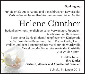 Traueranzeige von Helene Günther von Mitteldeutsche Zeitung Quedlinburg