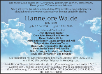 Traueranzeige von Hannelore Walde von WVG - Wochenspiegel Bitterfeld