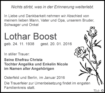Traueranzeige von Lothar Boost von Super Sonntag Zeitz