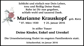 Traueranzeige von Marianne Krauskopf von WVG - Wochenspiegel Quedlinburg