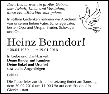 Traueranzeige von Heinz Benndorf von Mitteldeutsche Zeitung Naumburg/Nebra