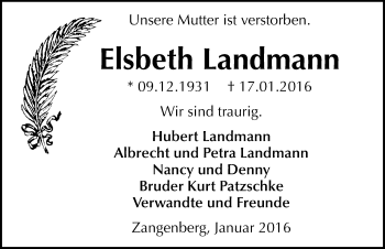Traueranzeige von Elsbeth Landmann von Mitteldeutsche Zeitung Zeitz