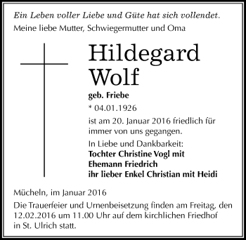 Traueranzeige von Hildegard Wolf von Mitteldeutsche Zeitung Merseburg/Querfurt