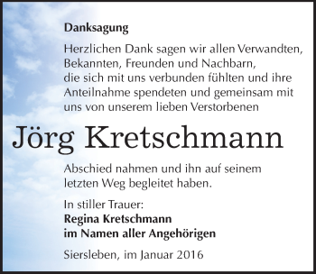 Traueranzeige von Jörg Kretschmann von Mitteldeutsche Zeitung Mansfelder Land