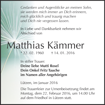 Traueranzeige von Matthias Kämmer von Super Sonntag Merseburg