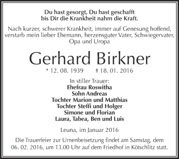 Traueranzeige von Gerhard Birkner von Super Sonntag Merseburg