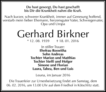 Traueranzeige von Gerhard Birkner von Mitteldeutsche Zeitung Merseburg/Querfurt