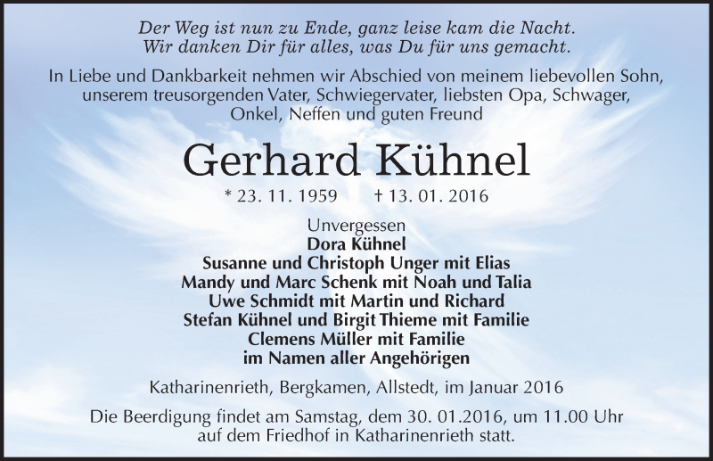  Traueranzeige für Gerhard Kühnel vom 23.01.2016 aus Mitteldeutsche Zeitung Sangerhausen