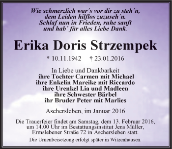 Traueranzeige von Erika Doris Strzempek von Mitteldeutsche Zeitung Aschersleben