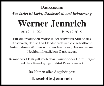 Traueranzeige von Werner Jennrich von WVG - Wochenspiegel Dessau / Köthen
