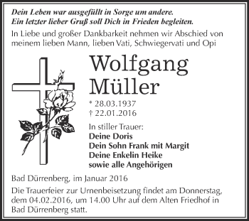 Traueranzeige von Wolfgang Müller von Super Sonntag Merseburg