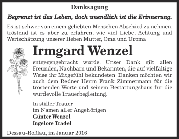Traueranzeige von Irmgard Wenzel von WVG - Wochenspiegel Dessau / Köthen
