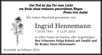 Traueranzeige von Ingrid Hennemann von Mitteldeutsche Zeitung Mansfelder Land