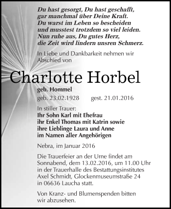Traueranzeige von Charlotte Horbel von WVG - Wochenspiegel NMB / WSF / ZTZ