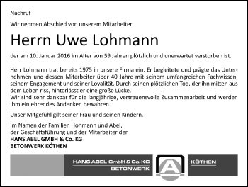 Traueranzeige von Uwe Lohmann von Mitteldeutsche Zeitung Köthen