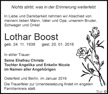 Traueranzeige von Lothar Boost von Mitteldeutsche Zeitung Zeitz