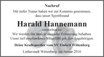 Traueranzeige von Harald Hannemann von Super Sonntag Wittenberg