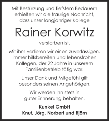 Traueranzeige von Rainer Korwitz von Super Sonntag Dessau / Köthen