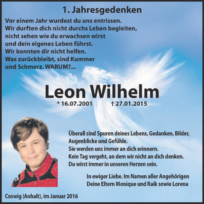  Traueranzeige für Leon Wilhelm vom 30.01.2016 aus Super Sonntag Wittenberg