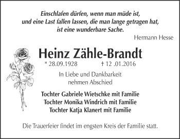 Traueranzeige von Heinz Zähle-Brandt von WVG - Wochenspiegel Dessau / Köthen