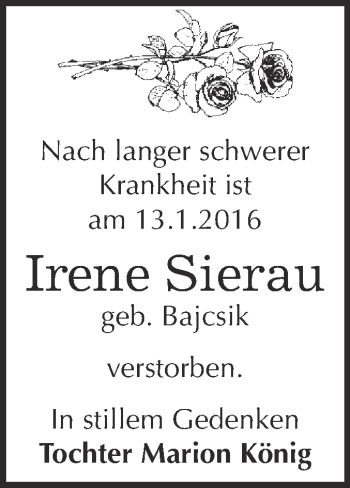 Traueranzeige von Irene Sierau von WVG - Wochenspiegel Dessau / Köthen