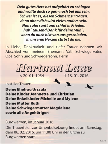 Traueranzeige von Hartmut Laue von WVG - Wochenspiegel NMB / WSF / ZTZ