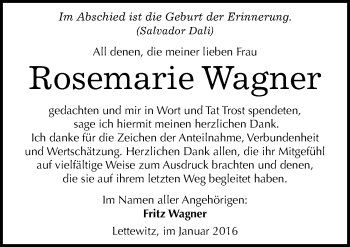 Traueranzeige von Rosemarie Wagner von Mitteldeutsche Zeitung Halle/Saalkreis