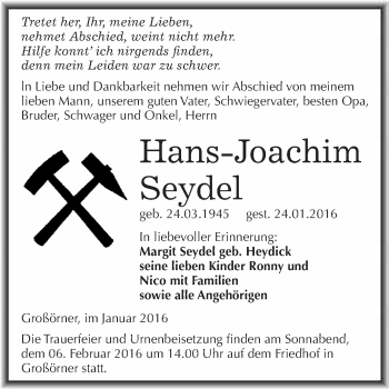 Traueranzeige von Hans-Joachim Seydel von Super Sonntag SGH Mansf. Land